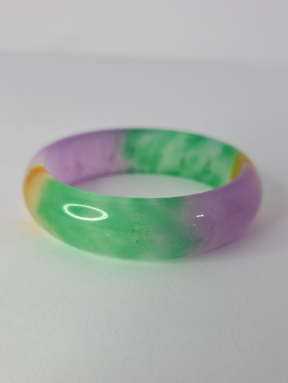 Natural jade bangle bracelet with a mix of lavender purple, green & Yellow 7.5